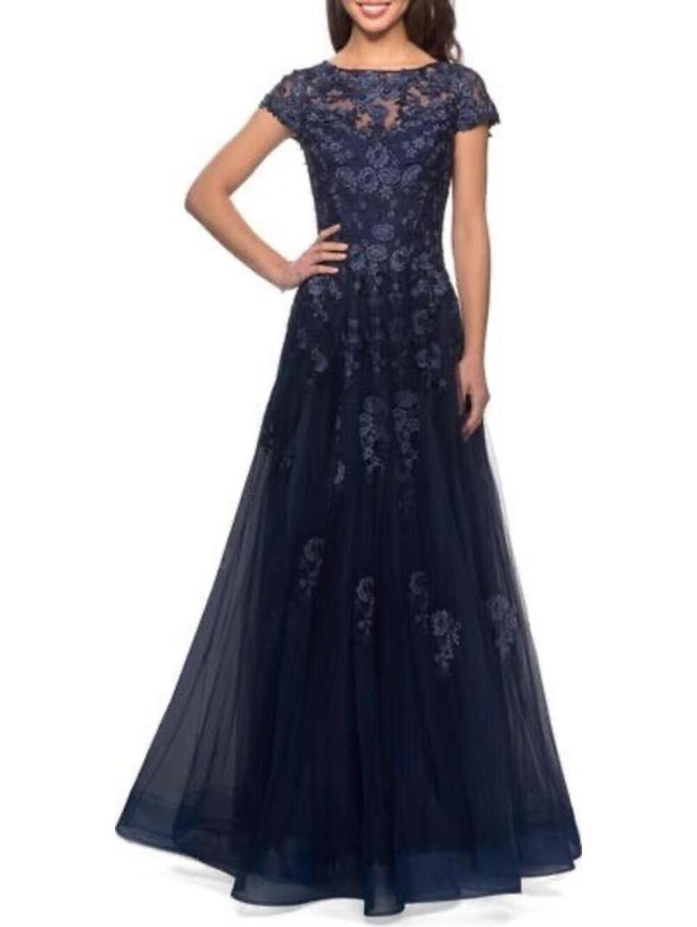 NWT LA FEMME Embellished Mesh A-Line Gown in Navy Size 14 Retail $619